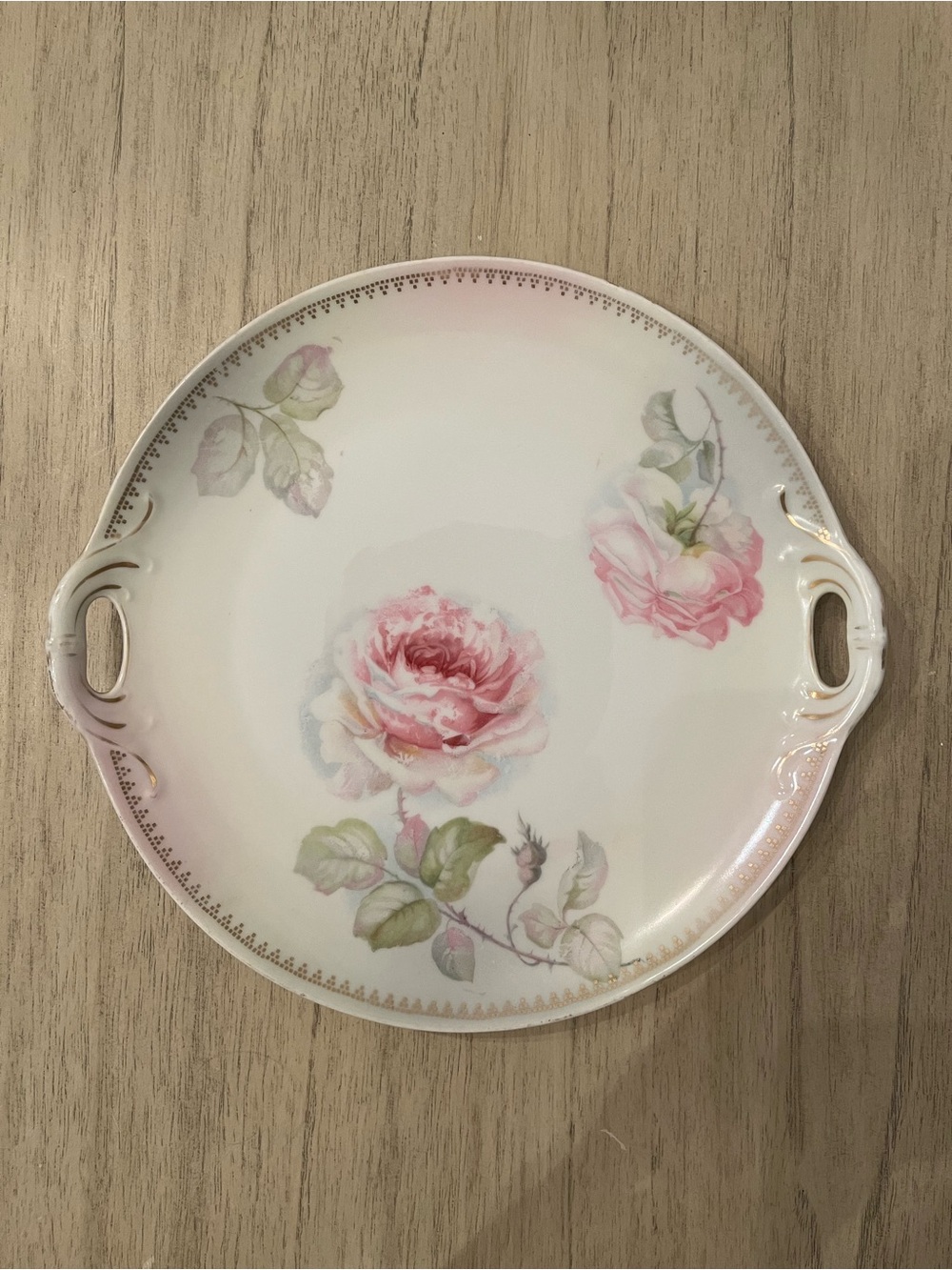 Floral Hand Painted Pink Rose Porcelain Serving/cake plate with Handles, Germany